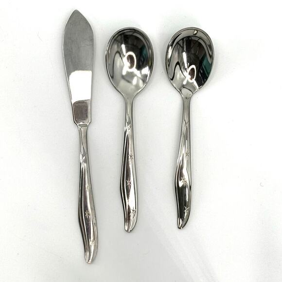 MARCREST Set of 3 Atomic Starburst MCM Sugar Spoons Butter Knife Stainless USA - Picture 1 of 7